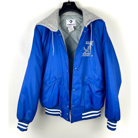 Vintage ‘Windless’ Hooded School Varsity Sporty Windbreaker Coat in Blue • M/L - Picture 3 of 9